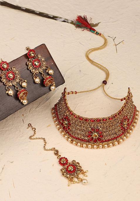 Traditional Hasli Style Gold Plated Choker Cutwork And Floral Design With Earring Maang Tikka