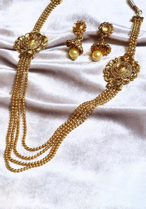 Exclusive Designed Multi Strand Gold Plated Ball Chain Brooch Necklace Set