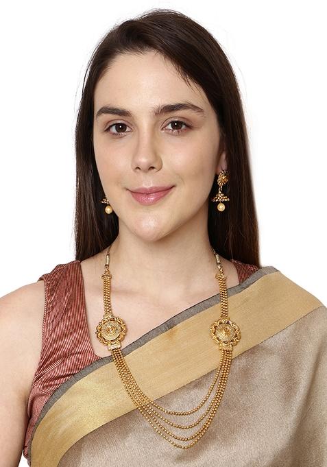 Exclusive Designed Multi Strand Gold Plated Ball Chain Brooch Necklace Set