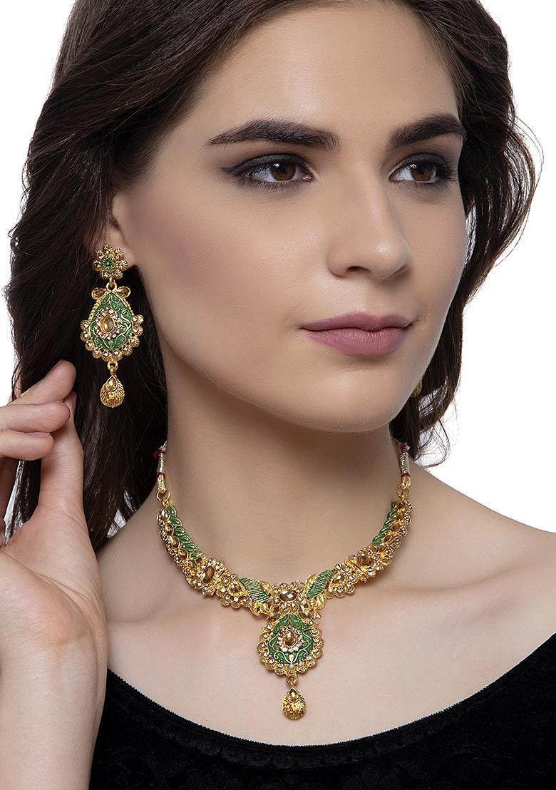 Traditional Gold Plated Enamelled Green Jewellery Set With Earring