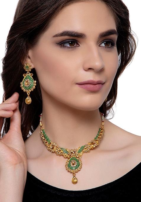 Traditional Gold Plated Enamelled Green Jewellery Set With Earring