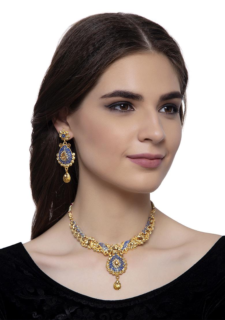 Traditional Gold Plated Enamelled Blue Jewellery Set With Earring