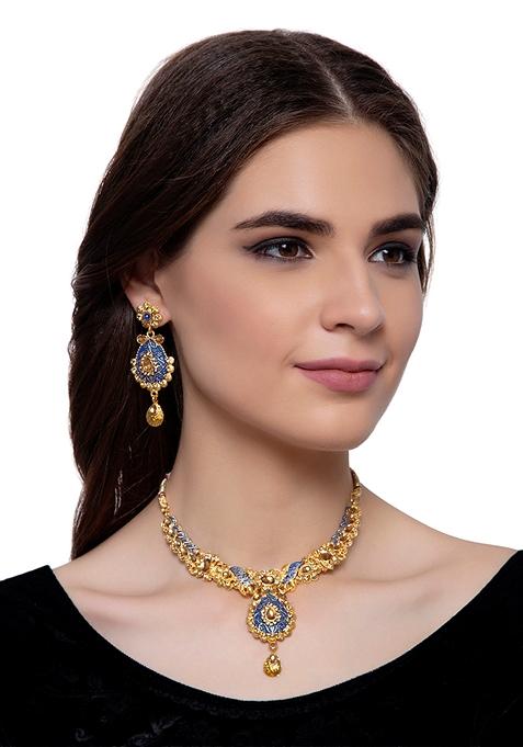 Traditional Gold Plated Enamelled Blue Jewellery Set With Earring