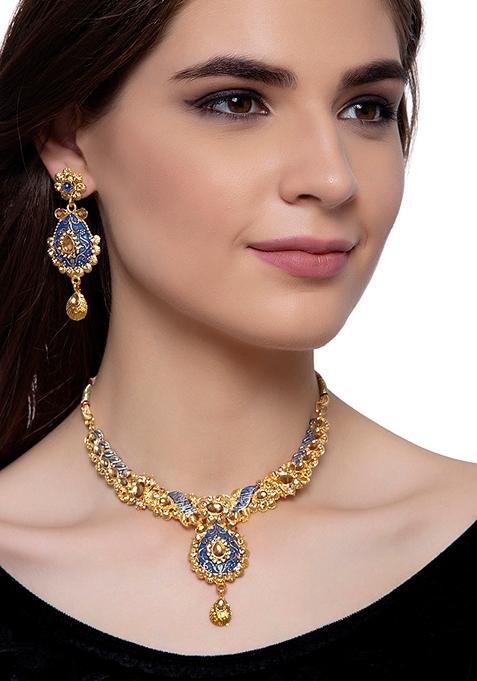 Traditional Gold Plated Enamelled Blue Jewellery Set With Earring