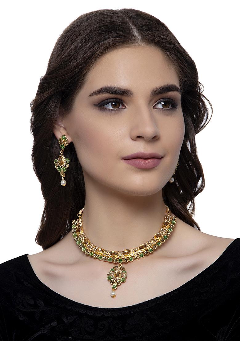 Traditional Enamelled Stone Studded Gold Plated Green Jewellery Set With Earring