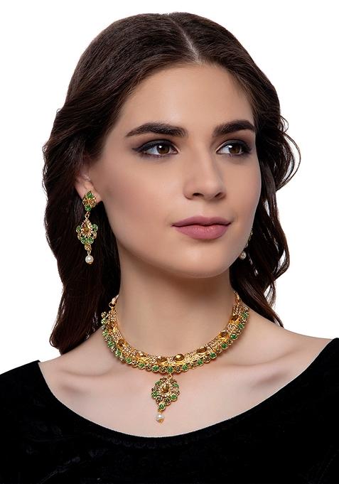 Traditional Enamelled Stone Studded Gold Plated Green Jewellery Set With Earring