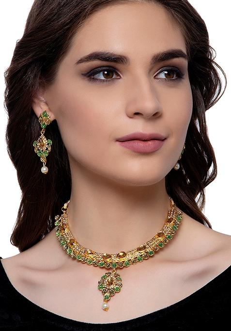 Traditional Enamelled Stone Studded Gold Plated Green Jewellery Set With Earring