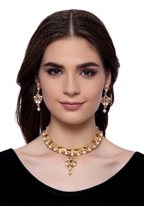 Traditional Enamelled Stone Studded Gold Plated Pink Jewellery Set With Earring