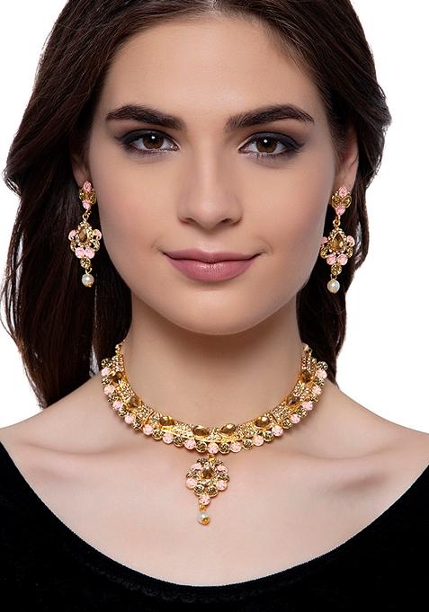 Traditional Enamelled Stone Studded Gold Plated Pink Jewellery Set With Earring