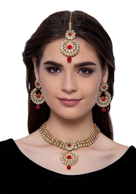 Traditional Stone Studded Gold Plated Pink Jewellery Set With Earring Maang Tikka