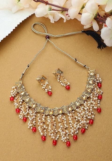 Traditional Gold Plated Pearl Tasselled Red Bead Choker Jewellery Set