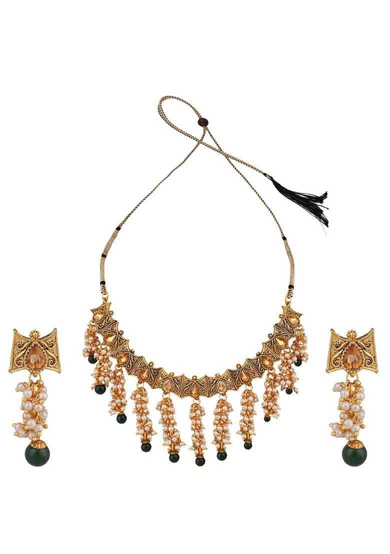 Traditional Gold Plated Pearl Tasselled Green Bead Choker Jewellery Set