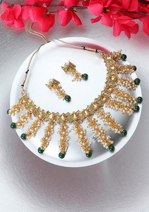 Traditional Gold Plated Pearl Tasselled Green Bead Choker Jewellery Set