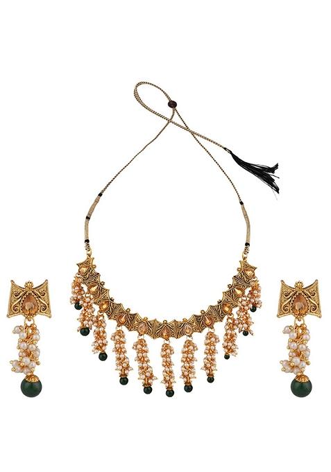 Traditional Gold Plated Pearl Tasselled Green Bead Choker Jewellery Set