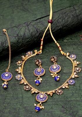 Gold Plated Blue And Beige Kundan Studded Handcrafted Enamelled Jewellery Set 