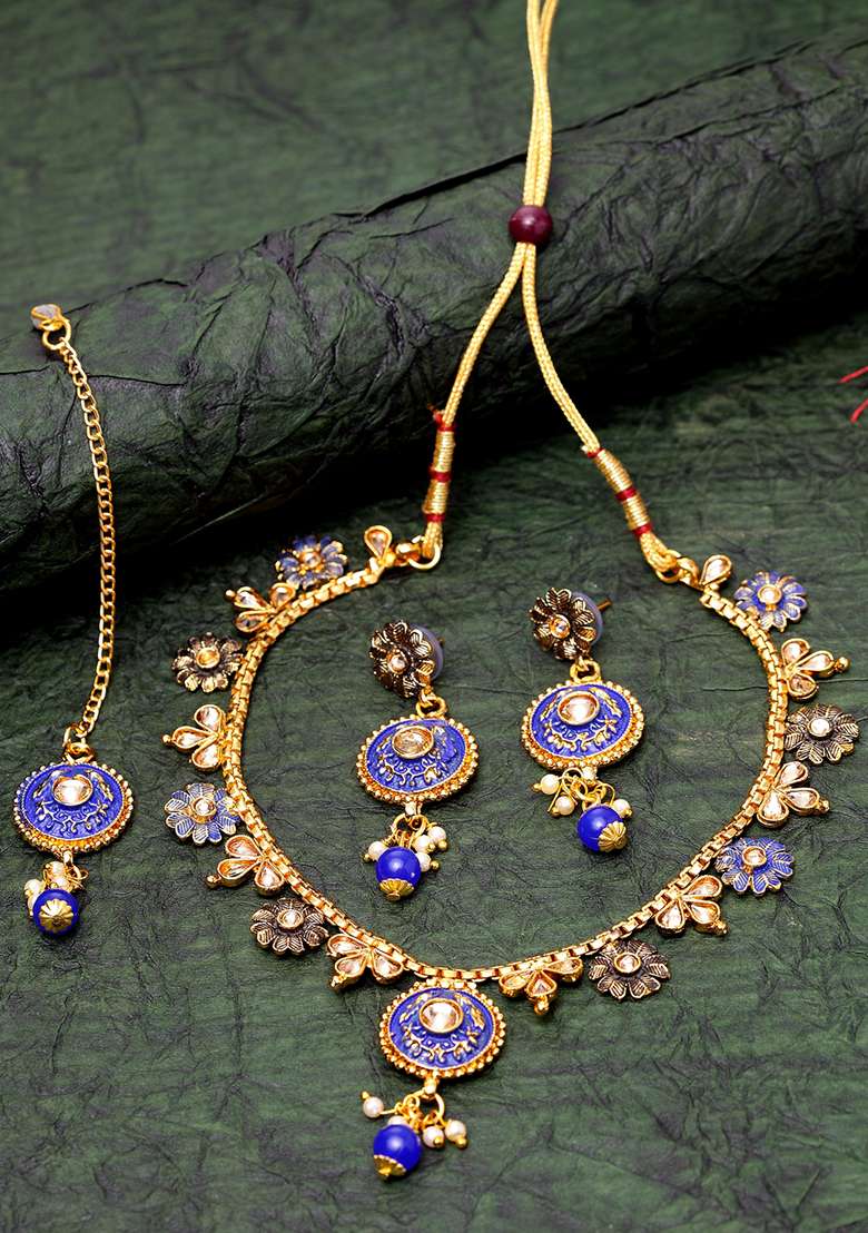 Gold Plated Blue And Beige Kundan Studded Handcrafted Enamelled Jewellery Set  - Indya