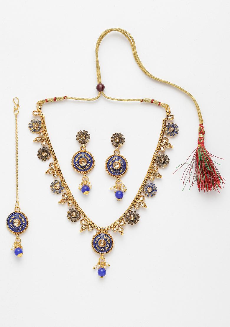 Gold Plated Blue And Beige Kundan Studded Handcrafted Enamelled Jewellery Set 