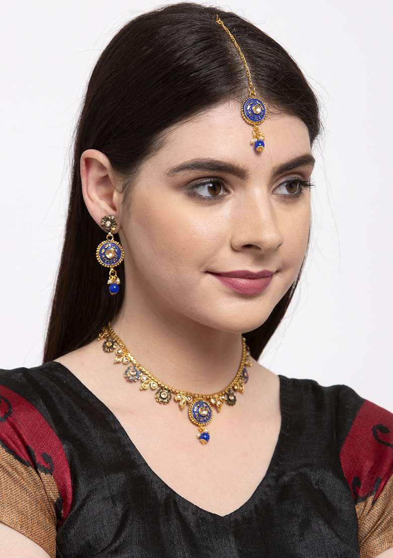Gold Plated Blue And Beige Kundan Studded Handcrafted Enamelled Jewellery Set  - Indya