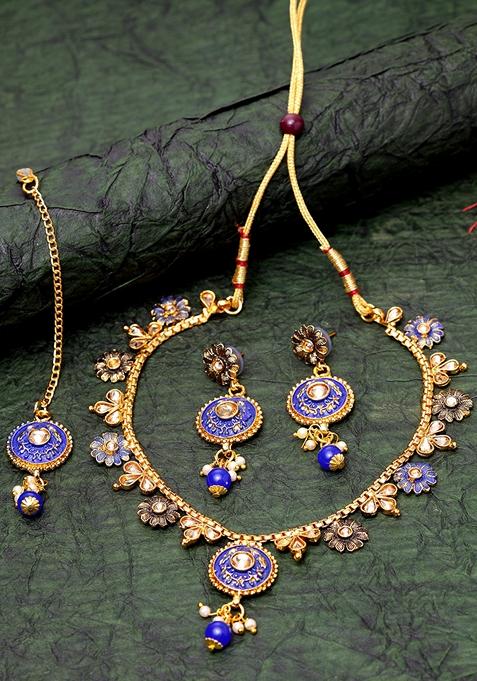 Gold Plated Blue And Beige Kundan Studded Handcrafted Enamelled Jewellery Set 