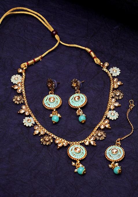 Gold Plated Sea Green And Beige Kundan Studded Handcrafted Enamelled Jewellery Set 