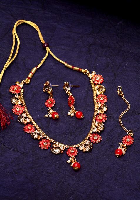 Gold Plated Red And White Kundan Studded Beaded And Pearl Embellished Enamelled Handcrafted Jewellery Set 