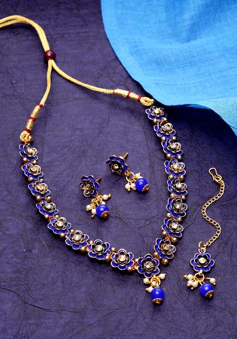 Gold Plated Blue And White Handcrafted Enamelled Jewellery Set 