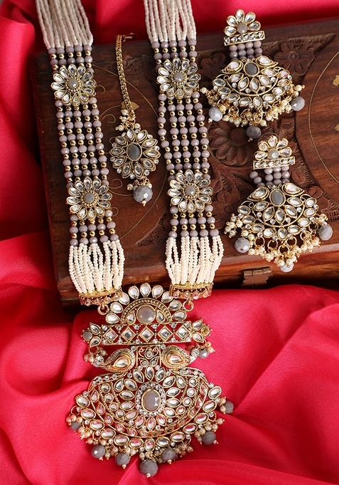 Gold Plated White And Grey Kundan Studded Pearl Beaded Vilandi Jewellery Set