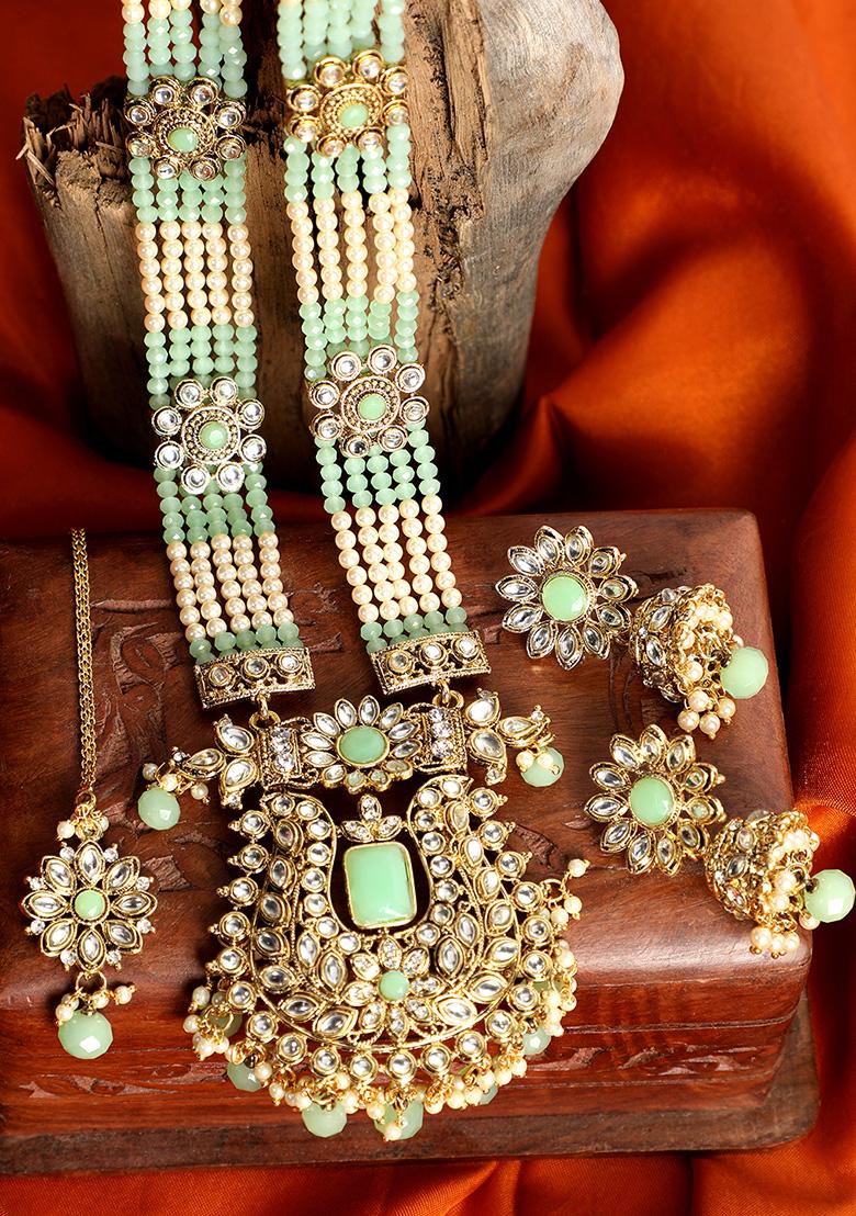 Gold Plated Sea Green And Off White Stone Studded And Pearl Beaded  Handcrafted Jewellery Set