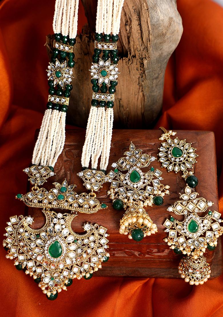 Gold Plated Green And Off White Kundan Studded Pearl Handcrafted Jewellery Set
