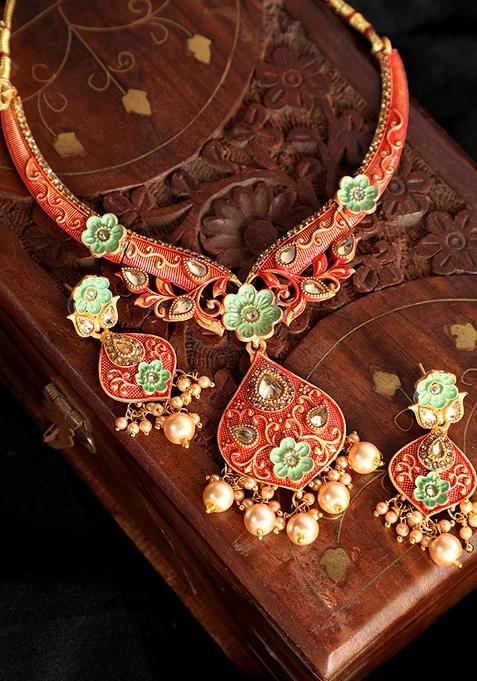 Gold Plated Red And Green Enamelled Stone Studded Traditional Jewellery Set