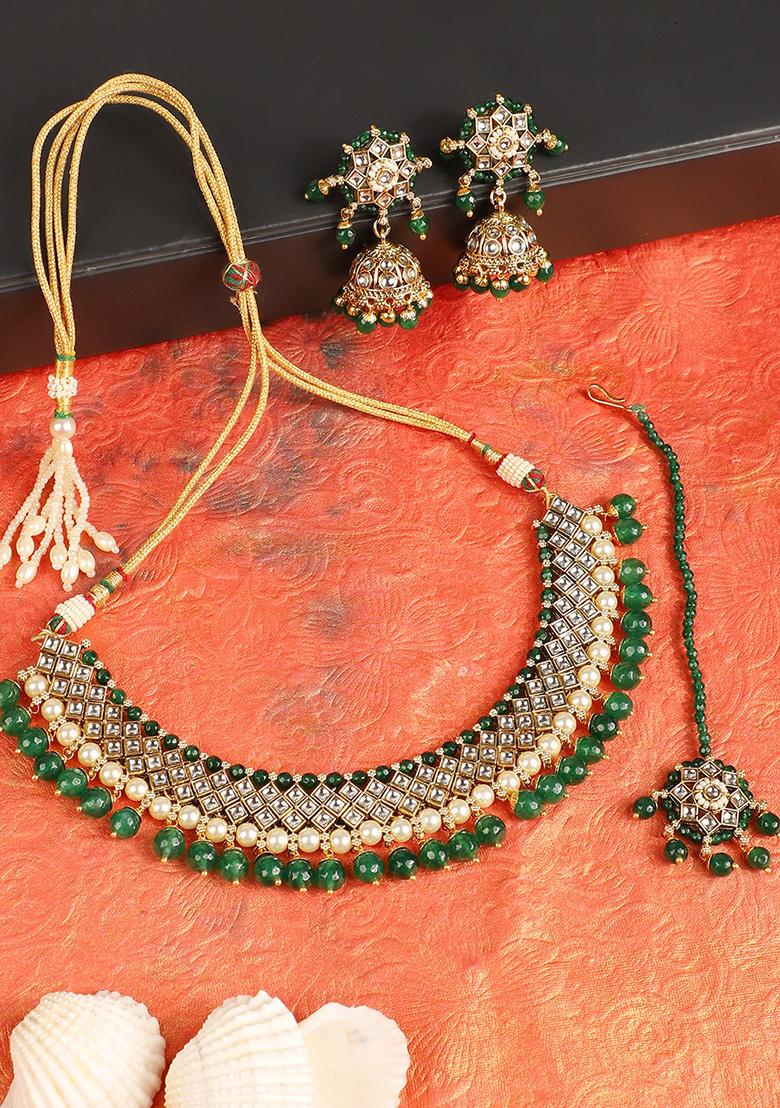Traditional Green Stone And Bead Choker Necklace With Earring And Mangtika