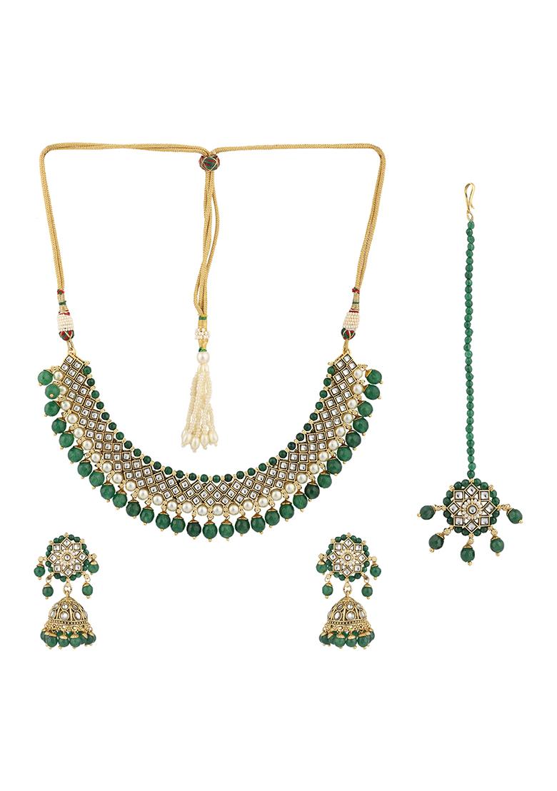Traditional Green Stone And Bead Choker Necklace With Earring And Mangtika