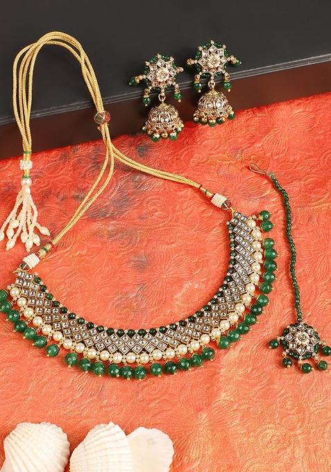 Traditional Green Stone And Bead Choker Necklace With Earring And Mangtika