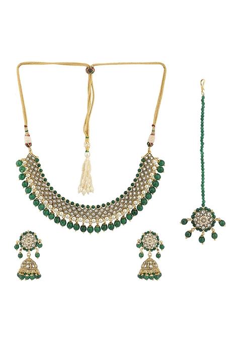Traditional Green Stone And Bead Choker Necklace With Earring And Mangtika