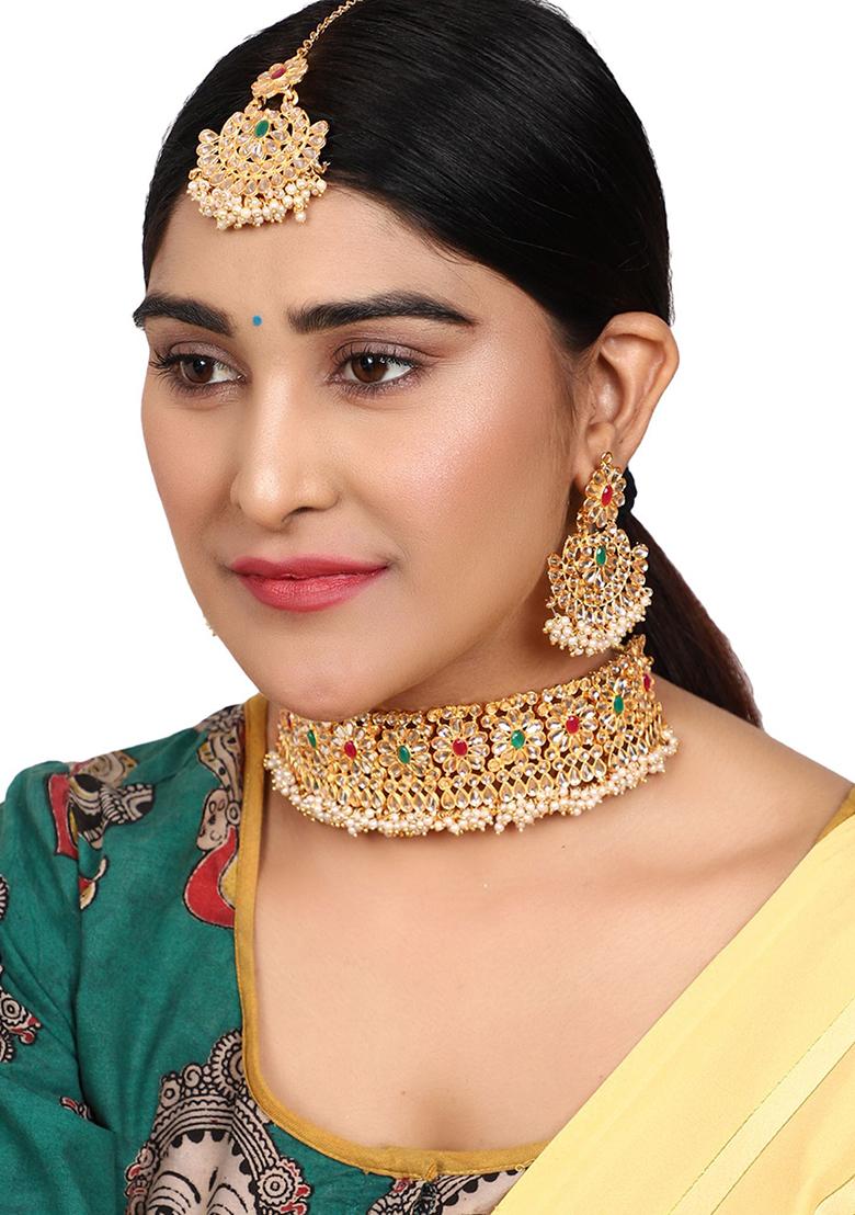 Gold Plated Multi Coloured And White Stone Studded And Beaded Traditional Jewellery Set