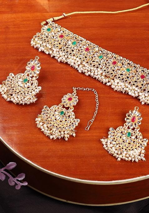 Gold Plated Multi Coloured And White Stone Studded And Beaded Traditional Jewellery Set