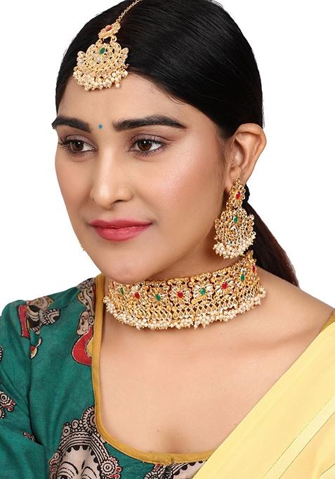 Gold Plated Multi Coloured And White Stone Studded And Beaded Traditional Jewellery Set