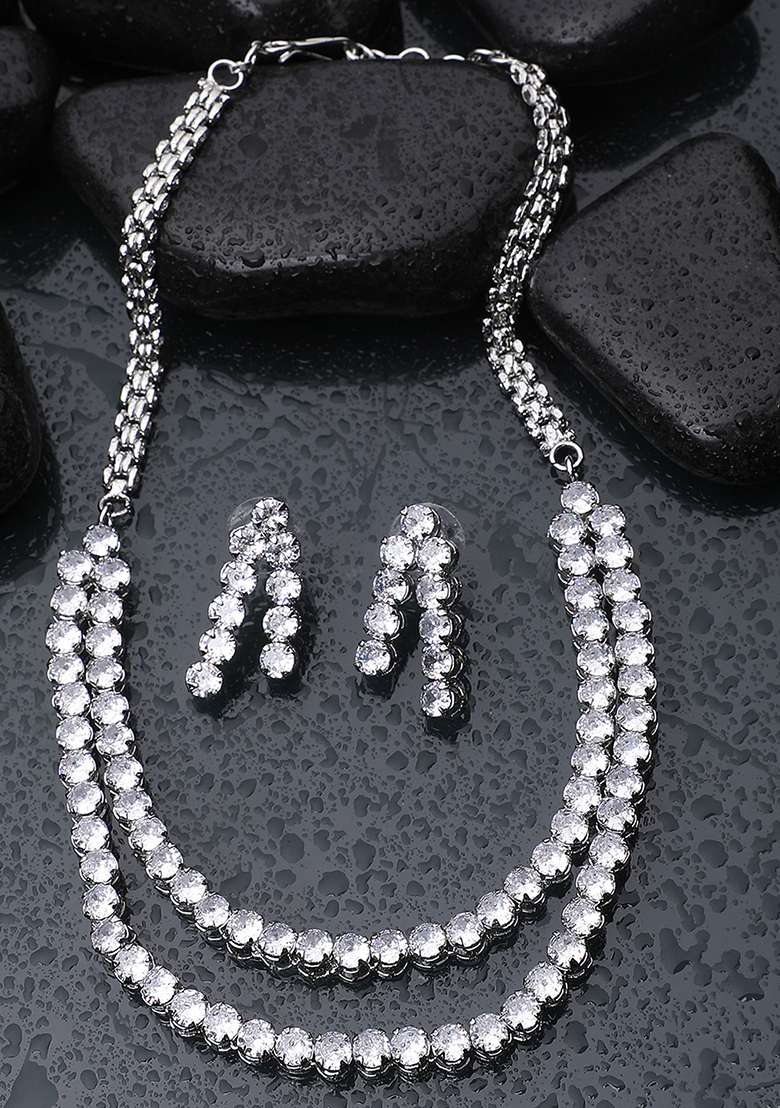 Silver Tone Circular Drops American Diamond Jewellery Set - Indya