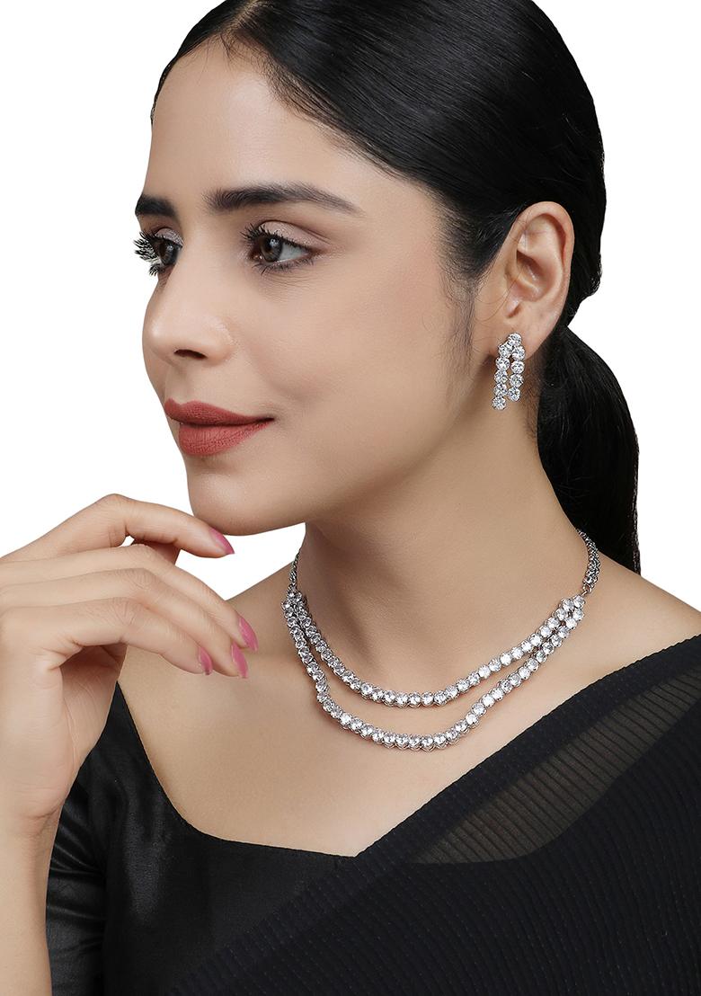 Silver Tone Circular Drops American Diamond Jewellery Set