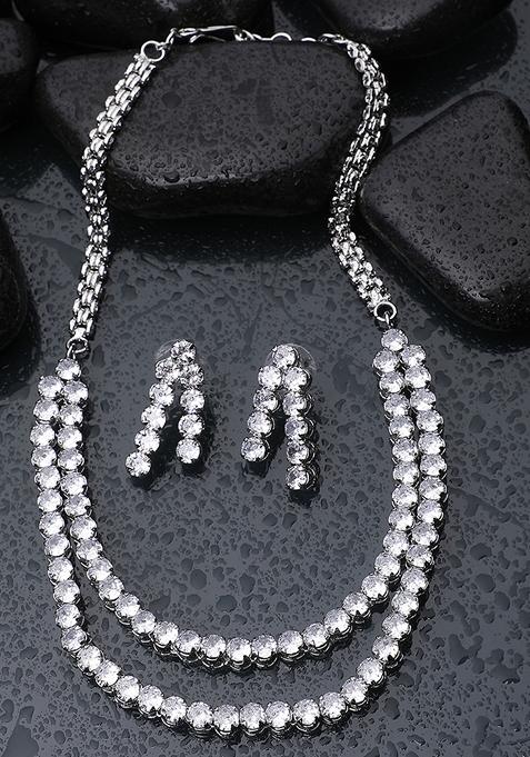 Silver Tone Circular Drops American Diamond Jewellery Set