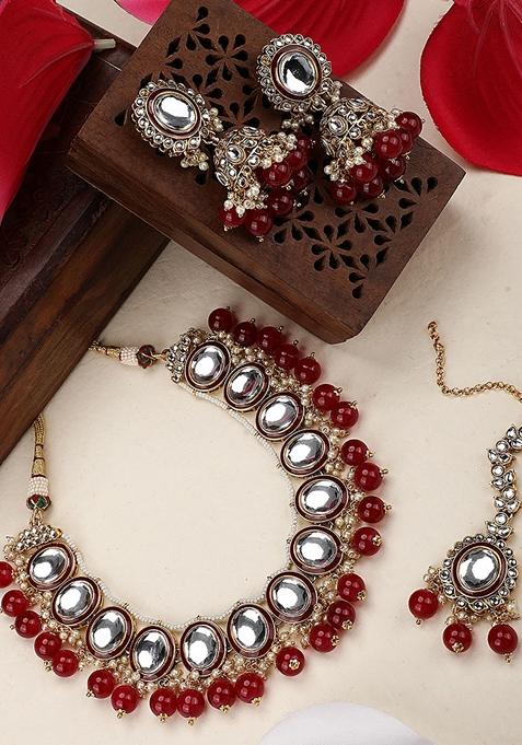 Red And White Stone Studded Pearl And Kundan Necklace With Earring And Maang Tikka