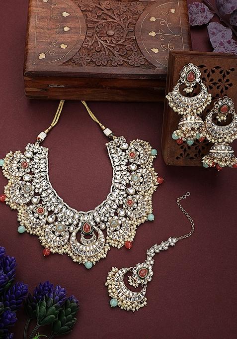 Traditional Gold Plated Kundan Stone With Multi Bead Necklace With Earring Maang Tikka