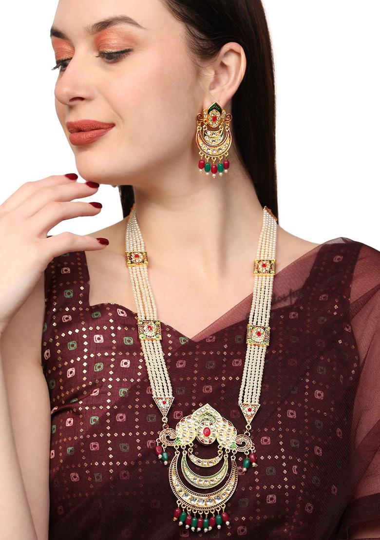 Gold Plated White Pearl Beaded Meenakari Stone Studded Raani Haar Jewellery Set - Indya