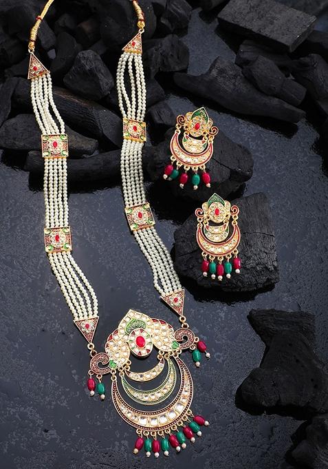 Gold Plated White Pearl Beaded Meenakari Stone Studded Raani Haar Jewellery Set