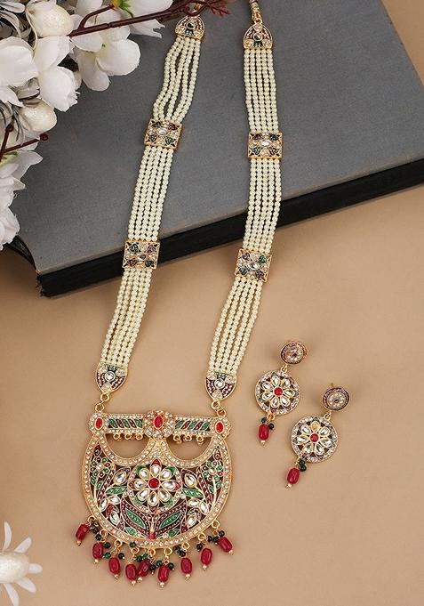 Gold Plated White Pearl Beaded Stone Studded Raani Haar Jewellery Set