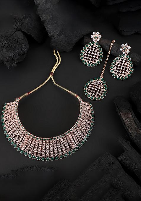 Gold Plated And Green Ad Studded And Stylish Jewellery Set With Earring Maang Tikka