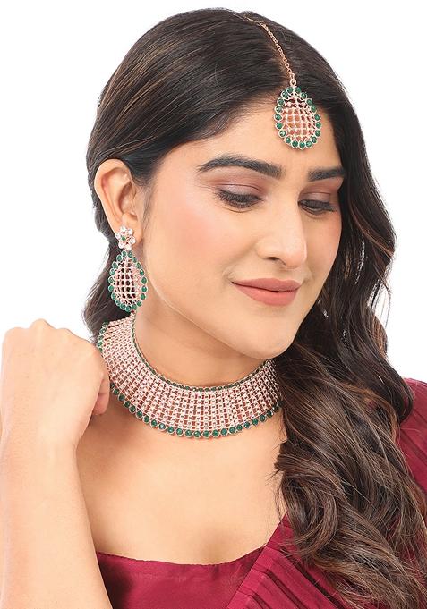 Gold Plated And Green Ad Studded And Stylish Jewellery Set With Earring Maang Tikka