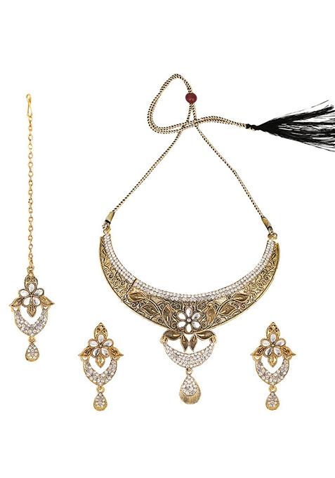 Designer Antique Polish Traditional Matte Finish Necklace With Earring Maang Tikka
