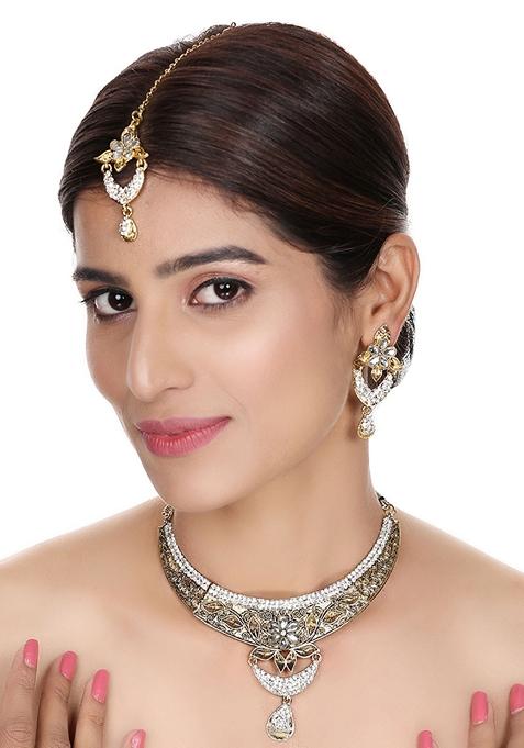 Designer Antique Polish Traditional Matte Finish Necklace With Earring Maang Tikka