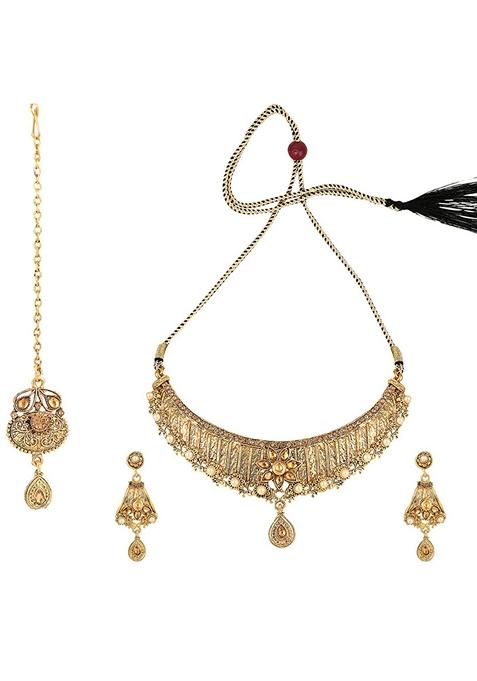 Designer Gold Plated Traditional Matte Finish Necklace With Earring Maang Tikka